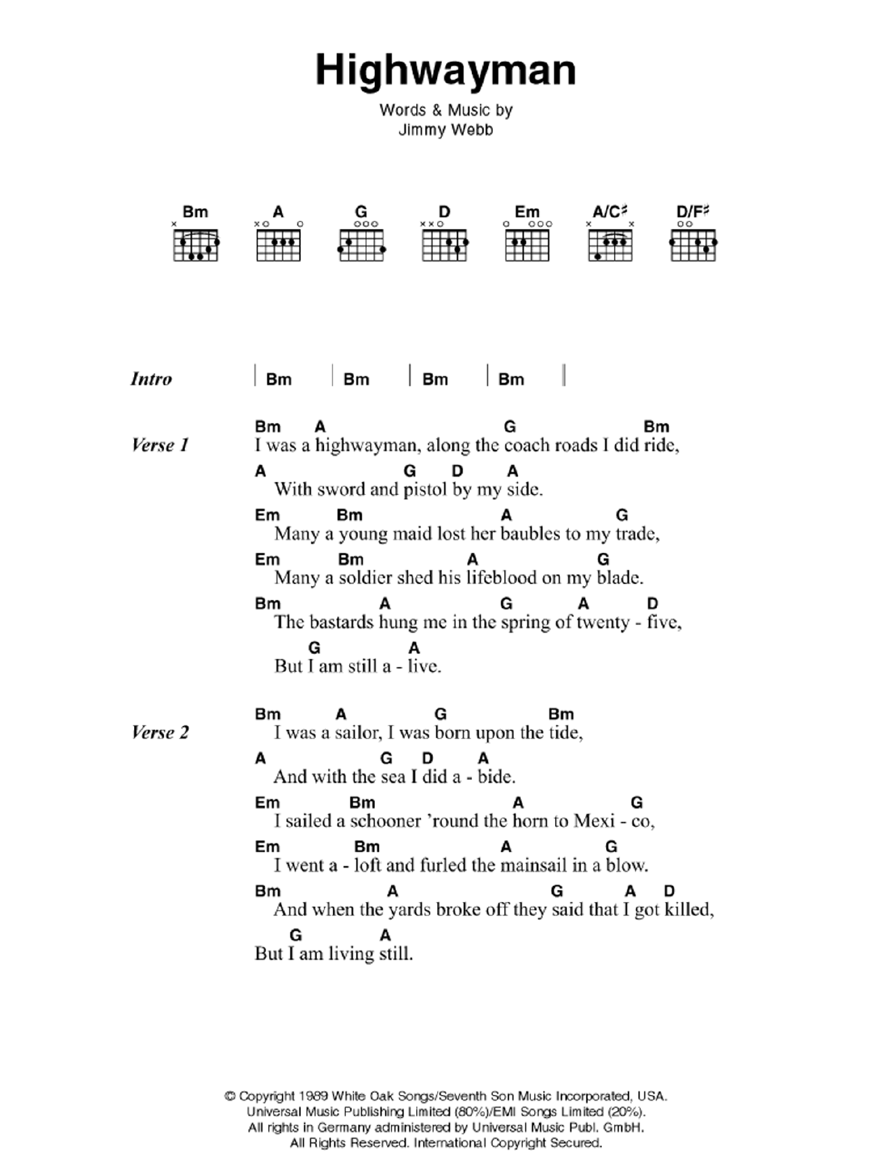 Download Johnny Cash Highwayman Sheet Music and learn how to play Lyrics & Chords PDF digital score in minutes