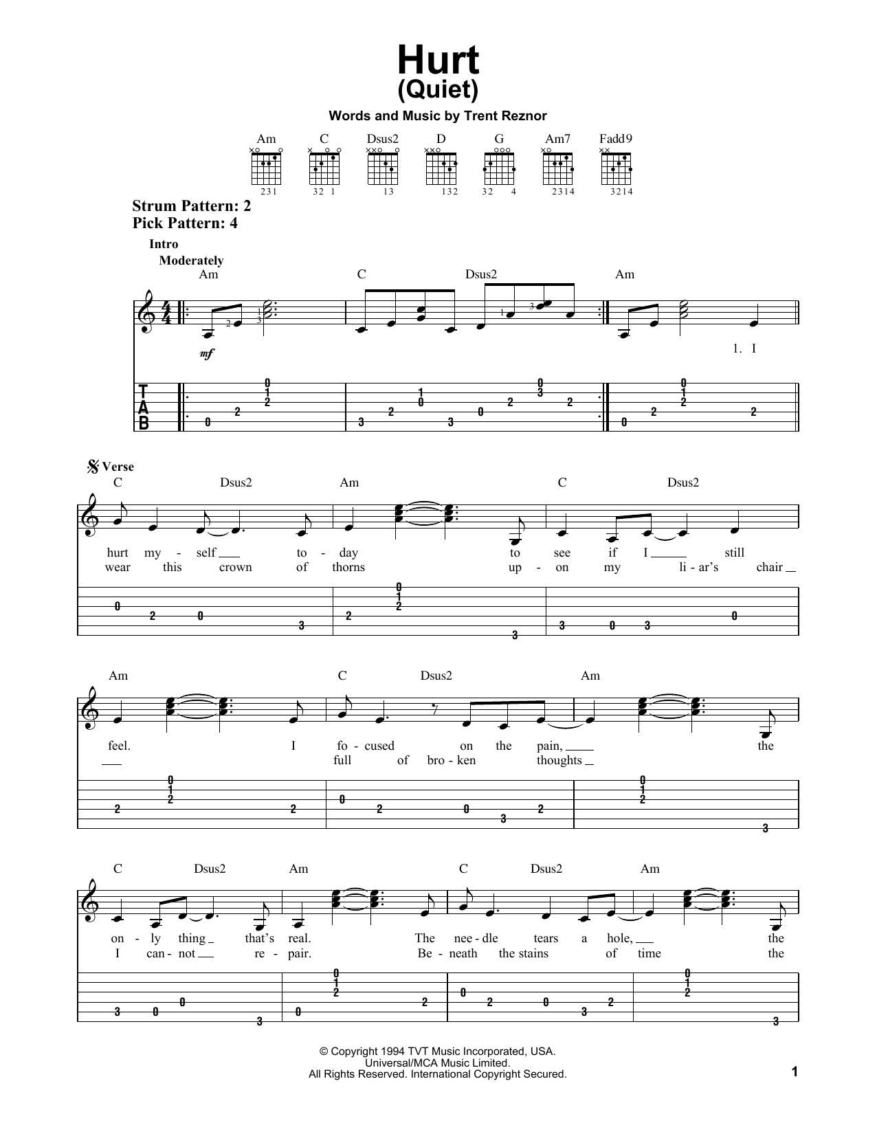 Download Johnny Cash Hurt (quiet) Sheet Music and learn how to play Piano, Vocal & Guitar Chords (Right-Hand Melody) PDF digital score in minutes
