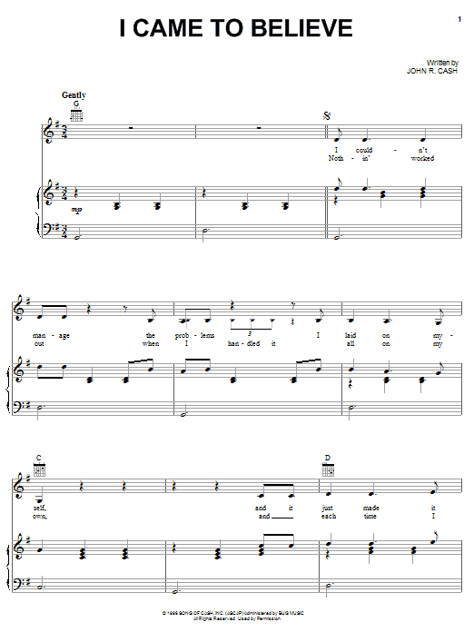 Download Johnny Cash I Came To Believe Sheet Music and learn how to play Piano, Vocal & Guitar (Right-Hand Melody) PDF digital score in minutes