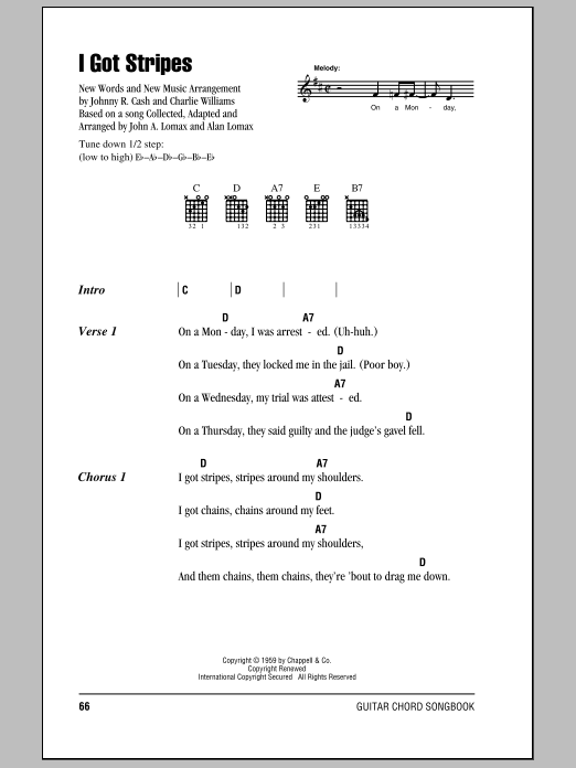 Download Johnny Cash I Got Stripes Sheet Music and learn how to play Lyrics & Chords PDF digital score in minutes