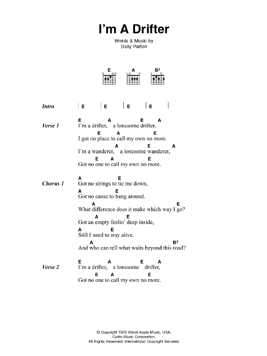 Download Johnny Cash I'm A Drifter Sheet Music and learn how to play Lyrics & Chords PDF digital score in minutes