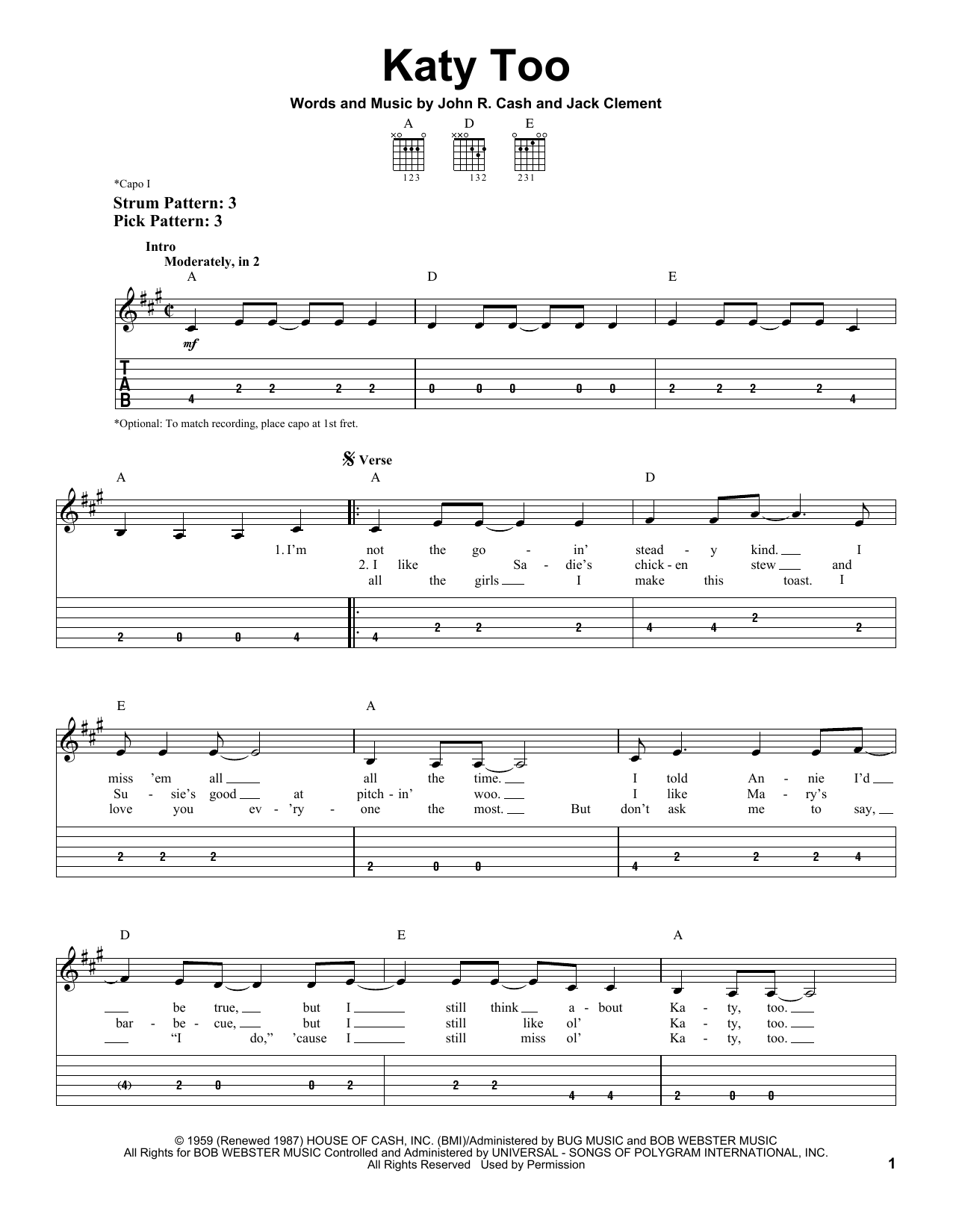 Download Johnny Cash Katy Too Sheet Music and learn how to play Easy Guitar Tab PDF digital score in minutes