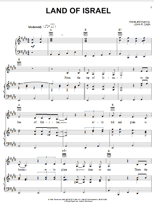 Download Johnny Cash Land Of Israel Sheet Music and learn how to play Piano, Vocal & Guitar (Right-Hand Melody) PDF digital score in minutes