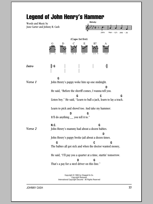 Download Johnny Cash Legend Of John Henry's Hammer Sheet Music and learn how to play Piano, Vocal & Guitar (Right-Hand Melody) PDF digital score in minutes