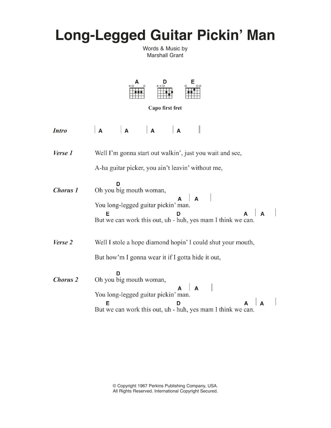 Download Johnny Cash Long Legged Guitar Pickin' Man Sheet Music and learn how to play Lyrics & Chords PDF digital score in minutes