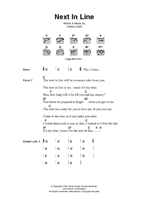 Download Johnny Cash Next In Line Sheet Music and learn how to play Lyrics & Chords PDF digital score in minutes