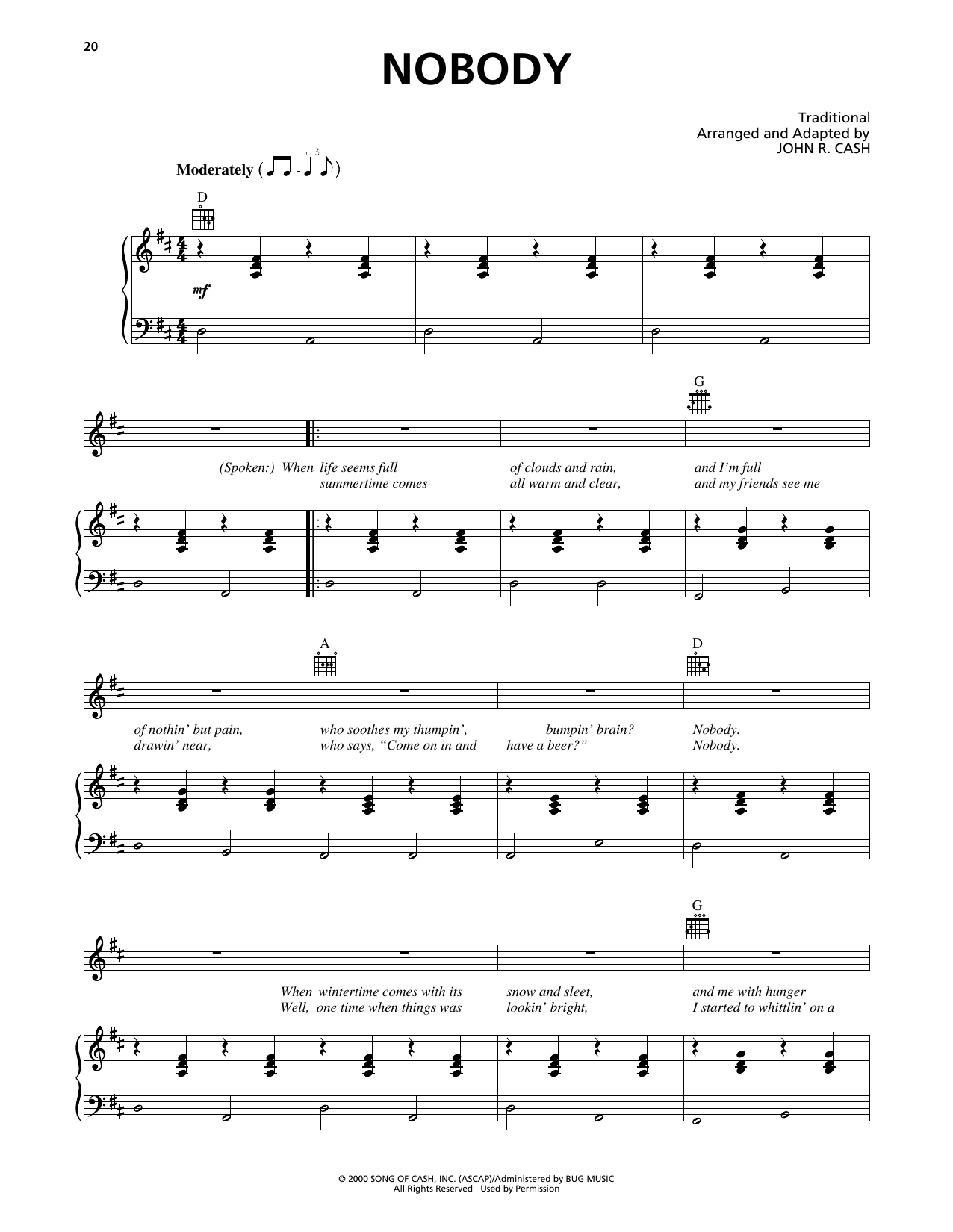 Download Johnny Cash Nobody Sheet Music and learn how to play Piano, Vocal & Guitar Chords (Right-Hand Melody) PDF digital score in minutes