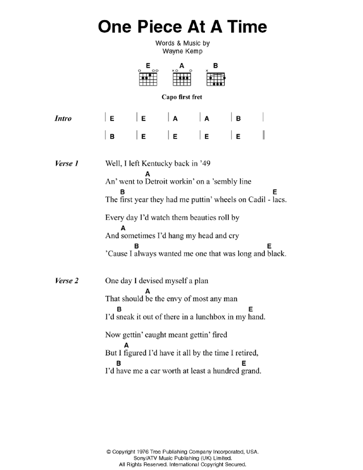Download Johnny Cash One Piece At A Time Sheet Music and learn how to play Lyrics & Chords PDF digital score in minutes