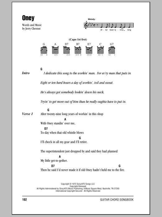 Download Johnny Cash Oney Sheet Music and learn how to play Lyrics & Chords PDF digital score in minutes