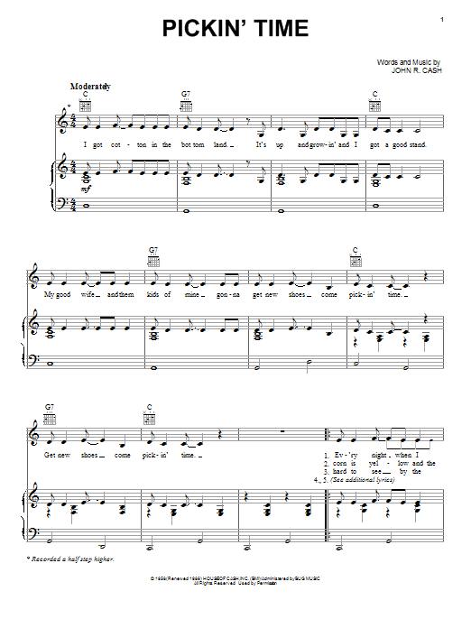 Download Johnny Cash Pickin' Time Sheet Music and learn how to play Piano, Vocal & Guitar (Right-Hand Melody) PDF digital score in minutes