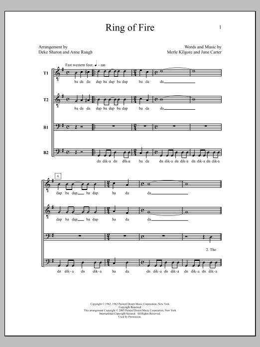 Download Johnny Cash Ring of Fire (arr. Deke Sharon) Sheet Music and learn how to play TTBB Choir PDF digital score in minutes