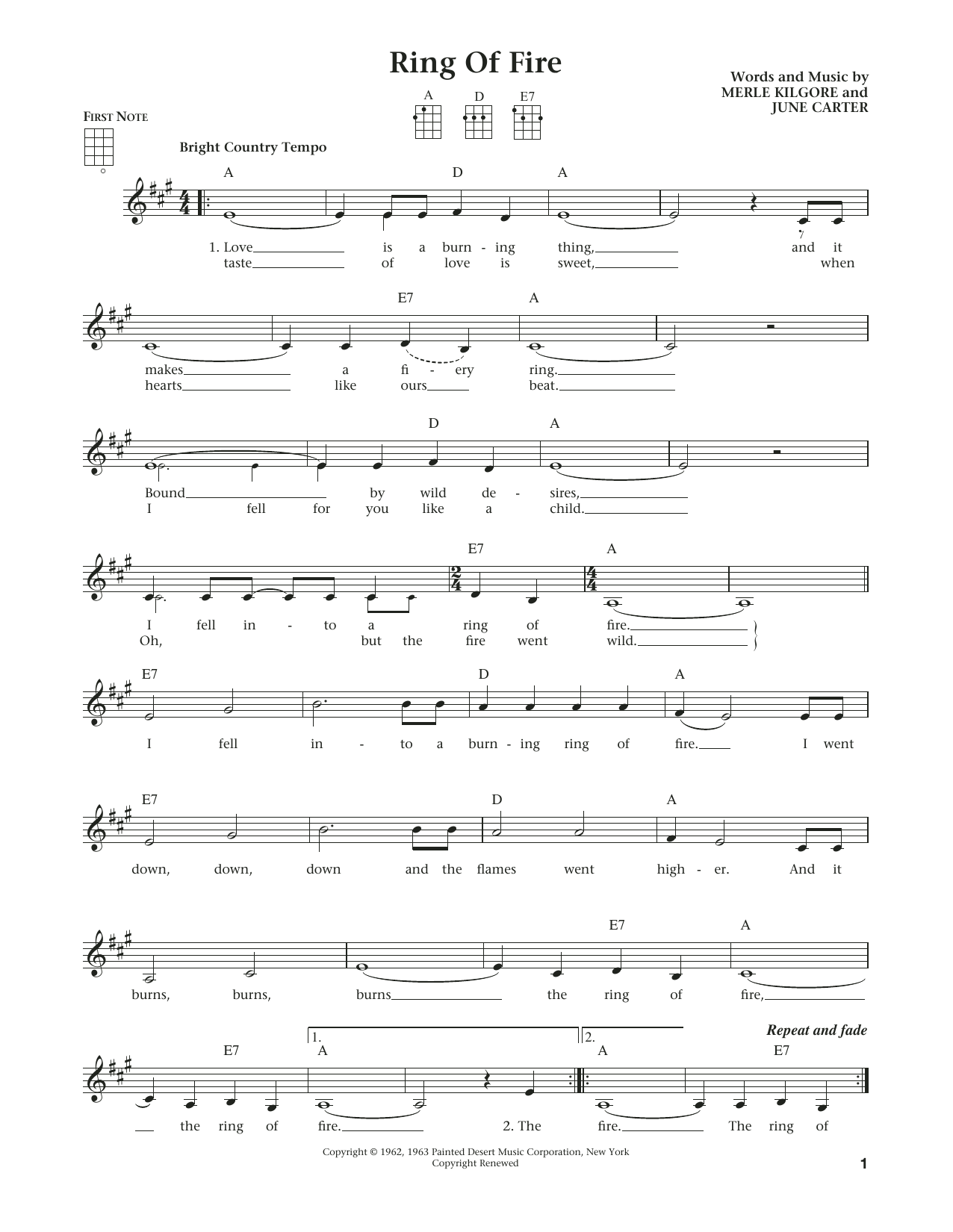 Download Johnny Cash Ring Of Fire Sheet Music and learn how to play Ukulele PDF digital score in minutes