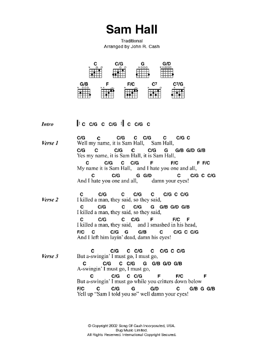 Download Johnny Cash Sam Hall Sheet Music and learn how to play Lyrics & Chords PDF digital score in minutes