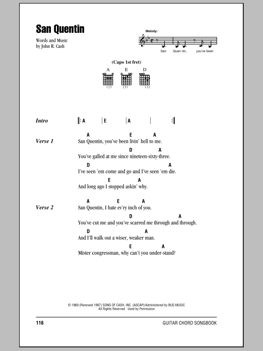 Download Johnny Cash San Quentin Sheet Music and learn how to play Lyrics & Chords PDF digital score in minutes