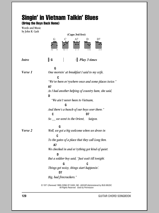 Download Johnny Cash Singin' In Vietnam Talkin' Blues (Bring The Boys Back Home) Sheet Music and learn how to play Lyrics & Chords PDF digital score in minutes