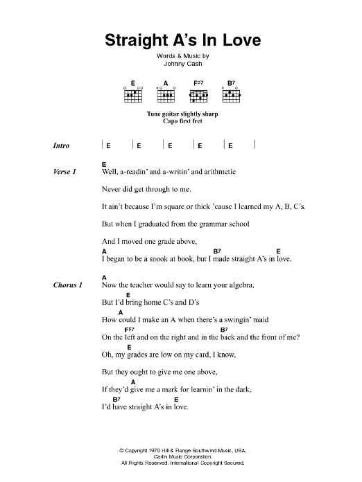 Download Johnny Cash Straight A's In Love Sheet Music and learn how to play Lyrics & Chords PDF digital score in minutes