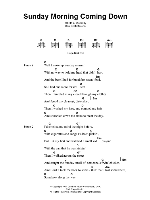 Download Johnny Cash Sunday Morning Coming Down Sheet Music and learn how to play Lyrics & Chords PDF digital score in minutes
