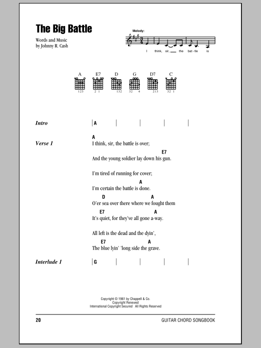 Download Johnny Cash The Big Battle Sheet Music and learn how to play Piano, Vocal & Guitar (Right-Hand Melody) PDF digital score in minutes