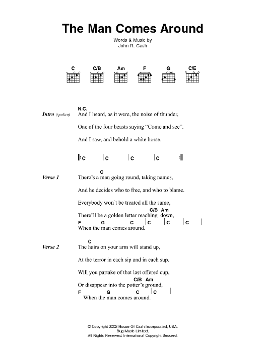 Download Johnny Cash The Man Comes Around Sheet Music and learn how to play Lyrics & Chords PDF digital score in minutes