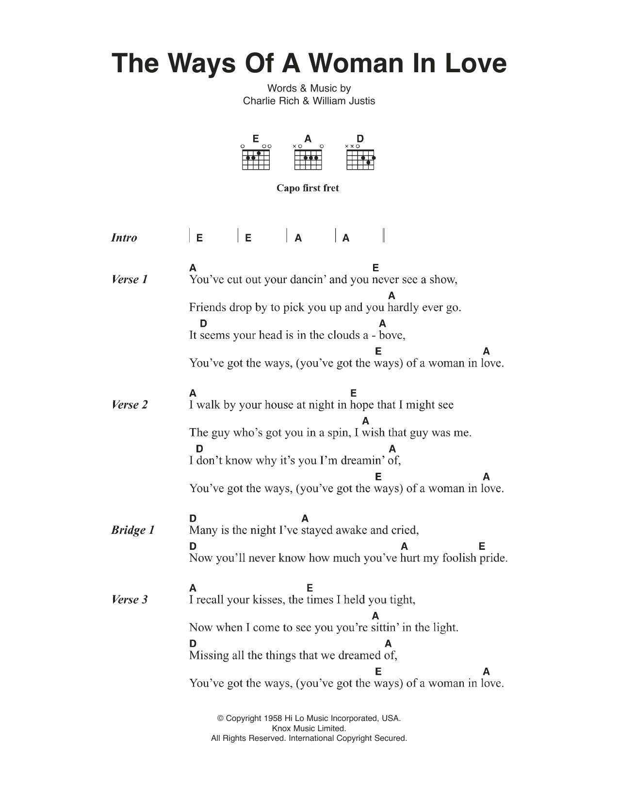 Download Johnny Cash The Ways Of A Woman In Love Sheet Music and learn how to play Lyrics & Chords PDF digital score in minutes