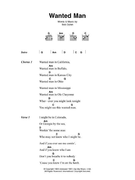 Download Johnny Cash Wanted Man Sheet Music and learn how to play Lyrics & Chords PDF digital score in minutes
