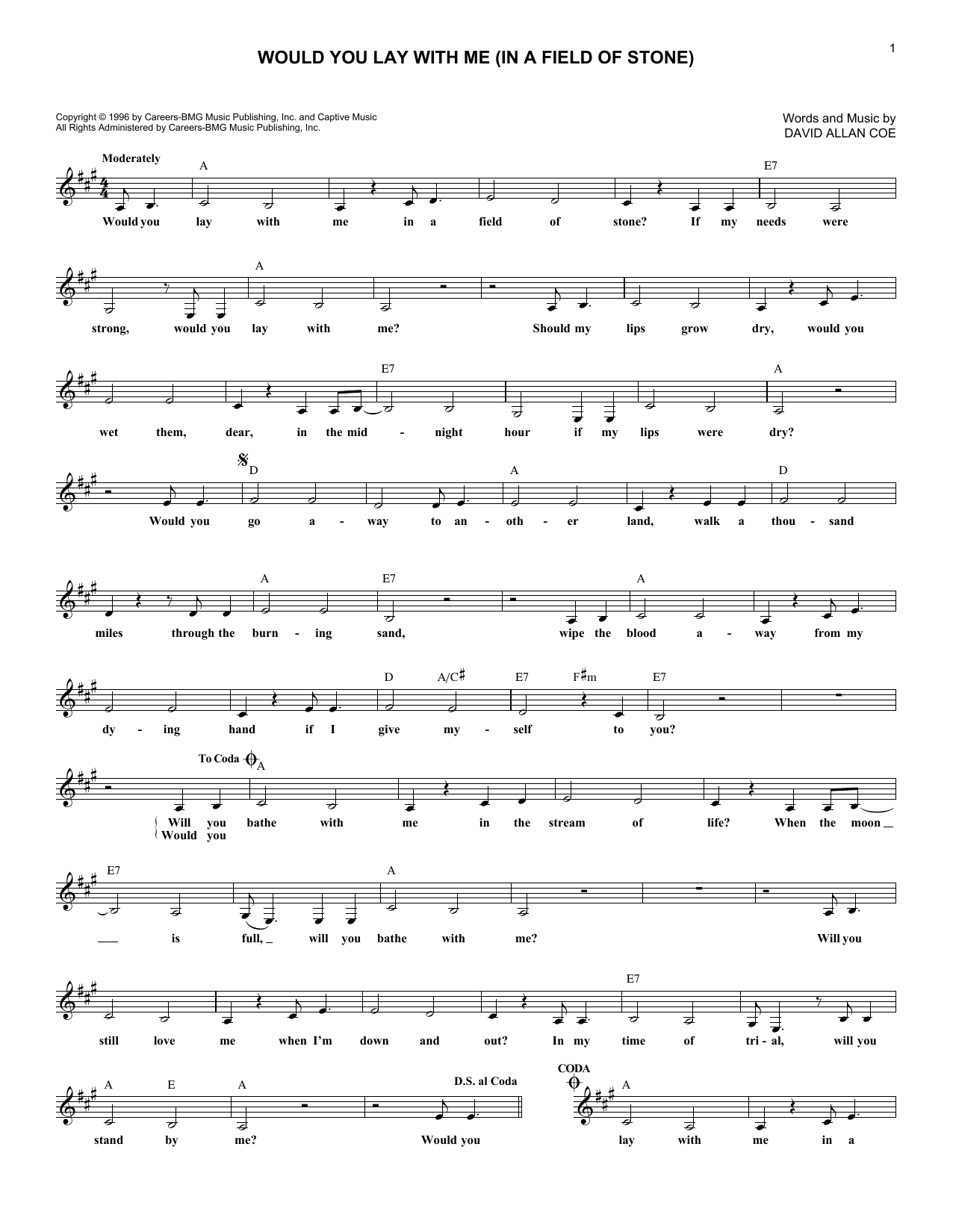 Download Johnny Cash Would You Lay With Me (In A Field Of Stone) Sheet Music and learn how to play Melody Line, Lyrics & Chords PDF digital score in minutes