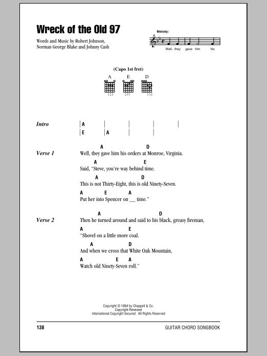 Download Johnny Cash Wreck Of The Old '97 Sheet Music and learn how to play Lyrics & Chords PDF digital score in minutes