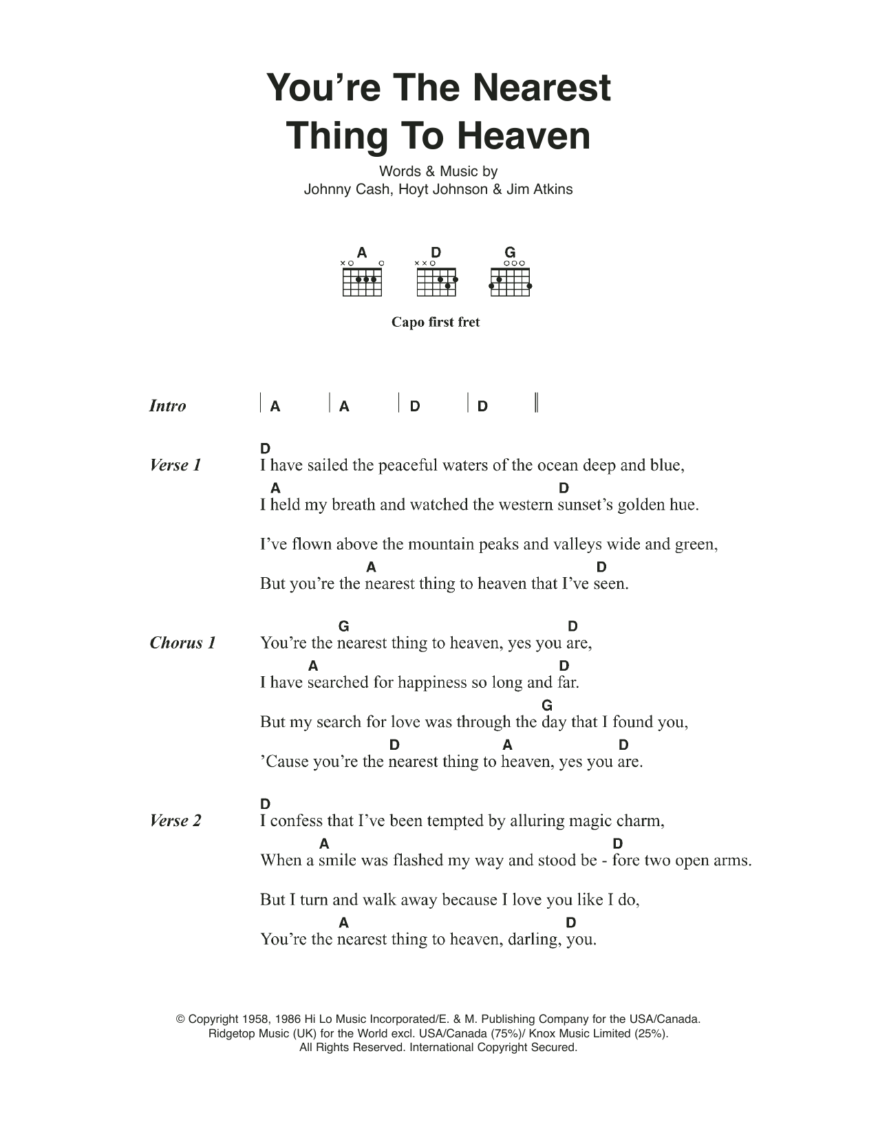 Download Johnny Cash You're The Nearest Thing To Heaven Sheet Music and learn how to play Lyrics & Chords PDF digital score in minutes