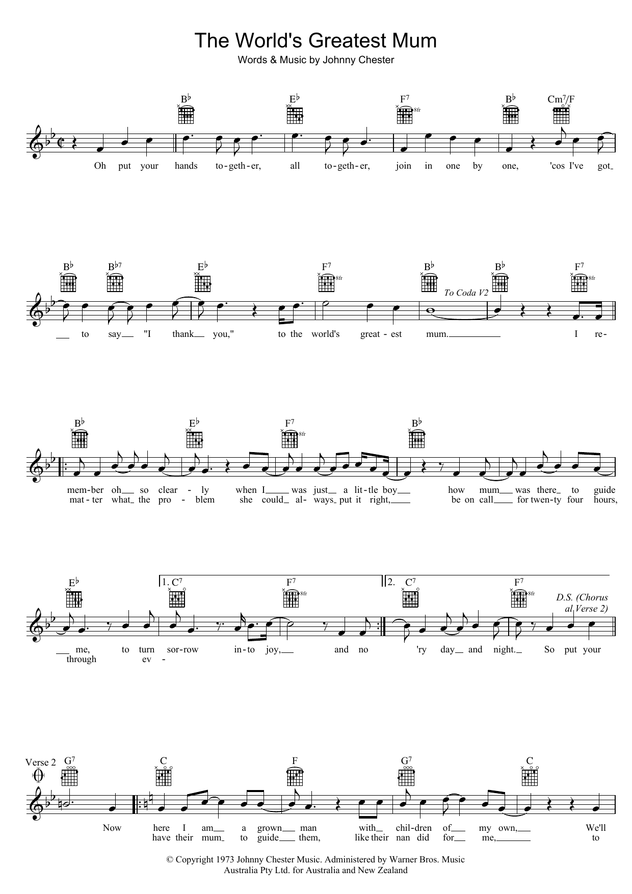 Download Johnny Chester The World's Greatest Mum Sheet Music and learn how to play Melody Line, Lyrics & Chords PDF digital score in minutes