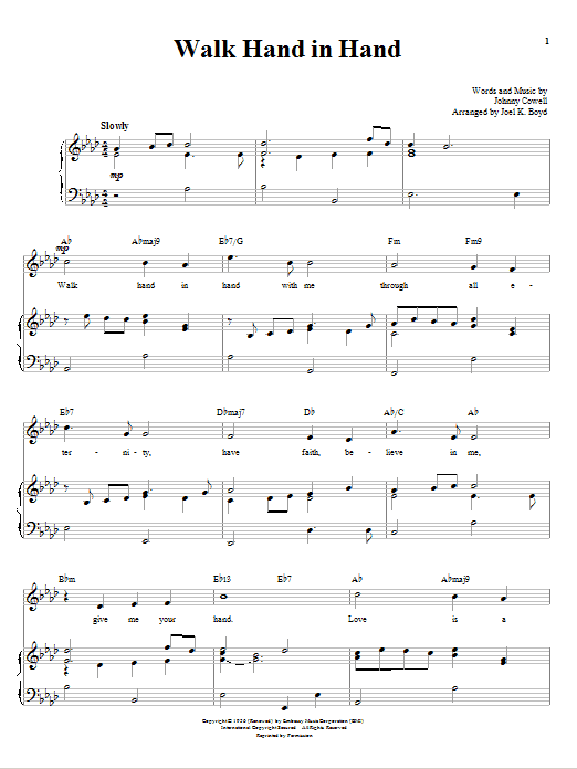 Download Johnny Cowell Walk Hand In Hand Sheet Music and learn how to play Piano, Vocal & Guitar (Right-Hand Melody) PDF digital score in minutes