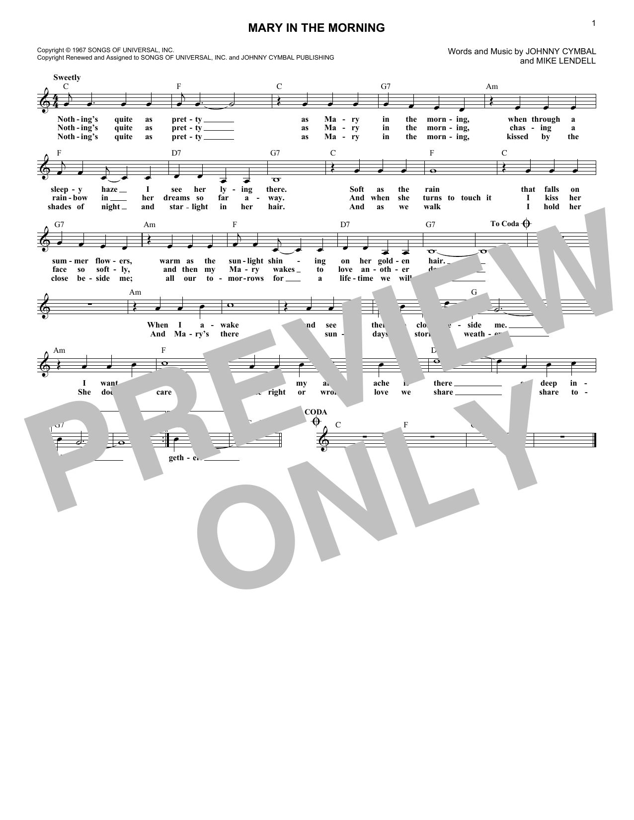 Download Johnny Cymbal Mary In The Morning Sheet Music and learn how to play Melody Line, Lyrics & Chords PDF digital score in minutes