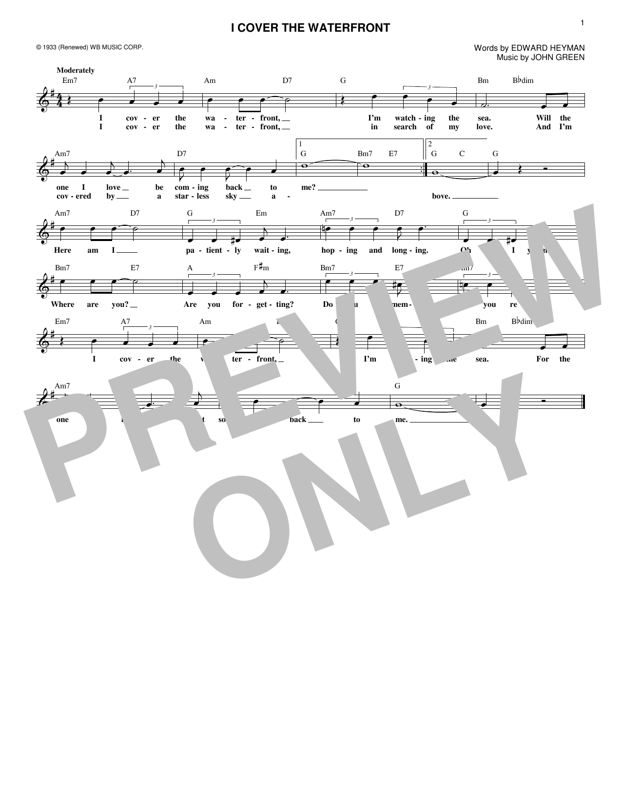 Download Johnny Green I Cover The Waterfront Sheet Music and learn how to play Melody Line, Lyrics & Chords PDF digital score in minutes