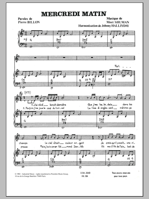 Download Johnny Hallyday Mercredi Matin Sheet Music and learn how to play Piano & Vocal PDF digital score in minutes