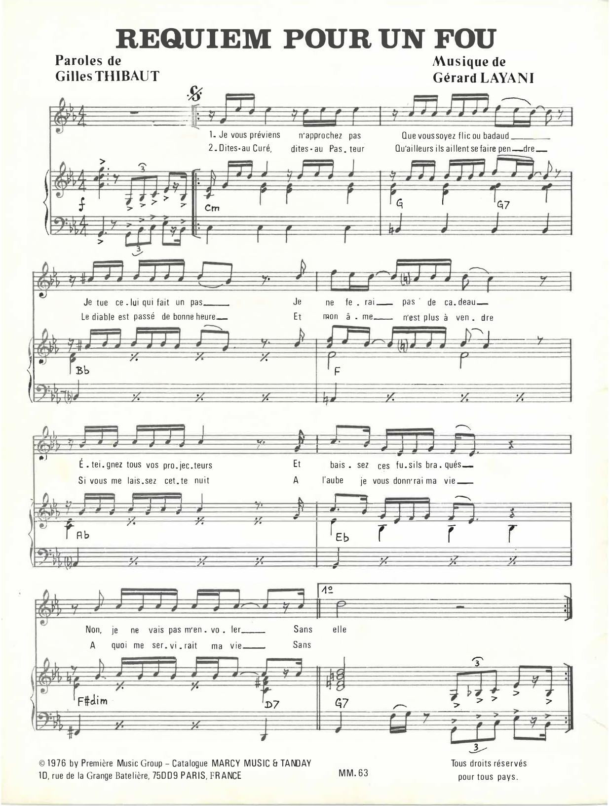 Download Johnny Hallyday Requiem Pour Un Fou Sheet Music and learn how to play Piano & Vocal PDF digital score in minutes