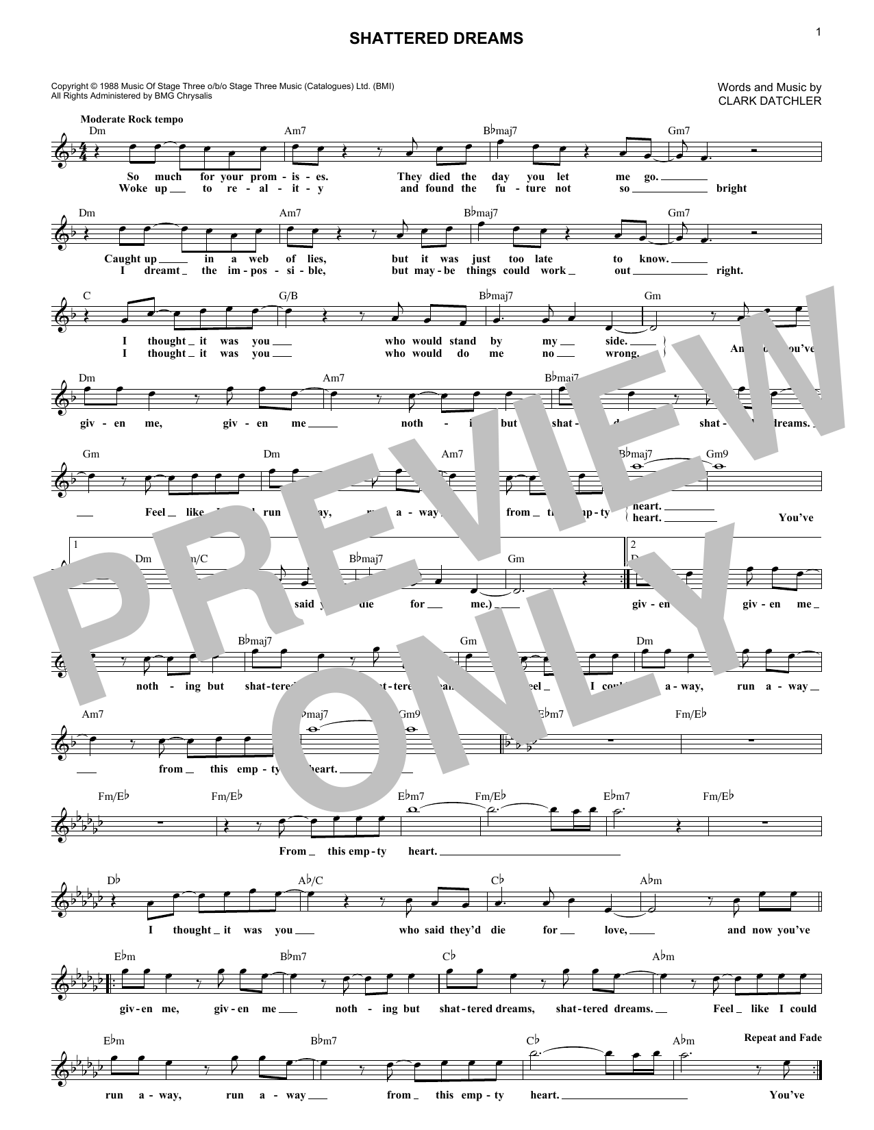 Download Johnny Hates Jazz Shattered Dreams Sheet Music and learn how to play Melody Line, Lyrics & Chords PDF digital score in minutes