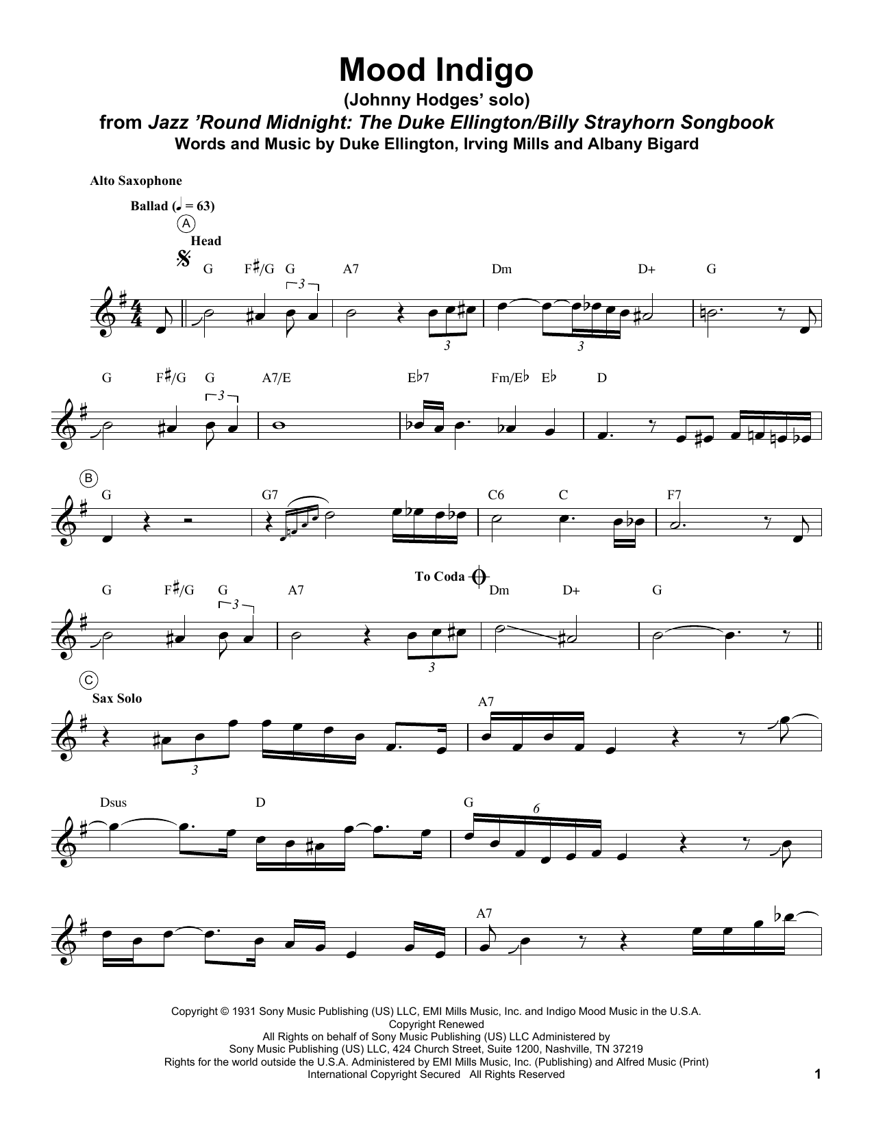 Download Johnny Hodges Mood Indigo Sheet Music and learn how to play Alto Sax Transcription PDF digital score in minutes