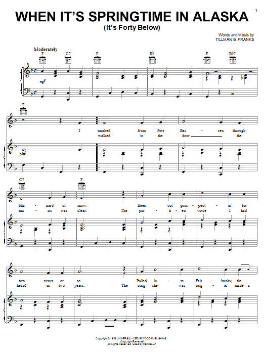 Download Johnny Horton When It's Springtime In Alaska (It's Forty Below) Sheet Music and learn how to play Melody Line, Lyrics & Chords PDF digital score in minutes