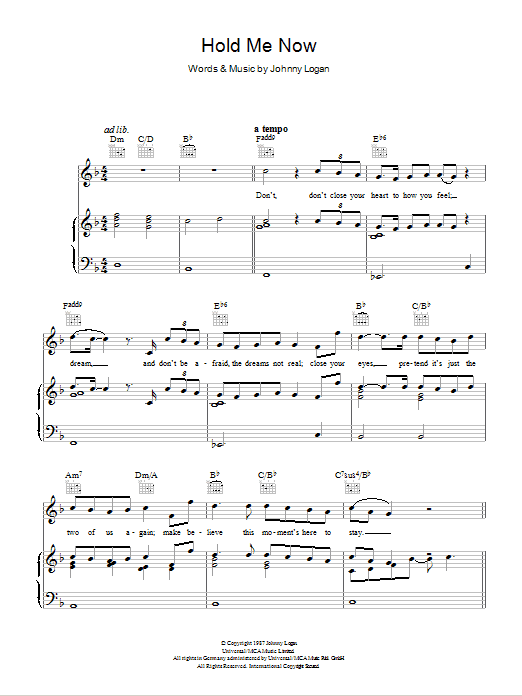 Download Johnny Logan Hold Me Now Sheet Music and learn how to play Piano, Vocal & Guitar (Right-Hand Melody) PDF digital score in minutes