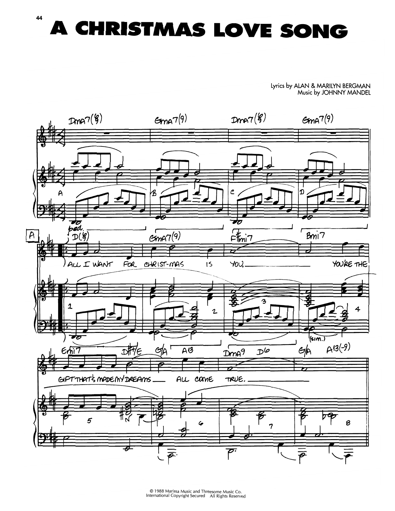 Download Johnny Mandel A Christmas Love Song Sheet Music and learn how to play Piano, Vocal & Guitar Chords (Right-Hand Melody) PDF digital score in minutes
