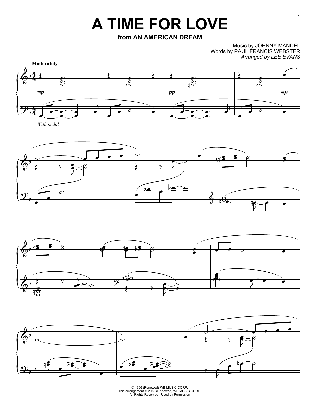 Download Johnny Mandel A Time For Love (from An American Dream) (arr. Lee Evans) Sheet Music and learn how to play Piano Solo PDF digital score in minutes