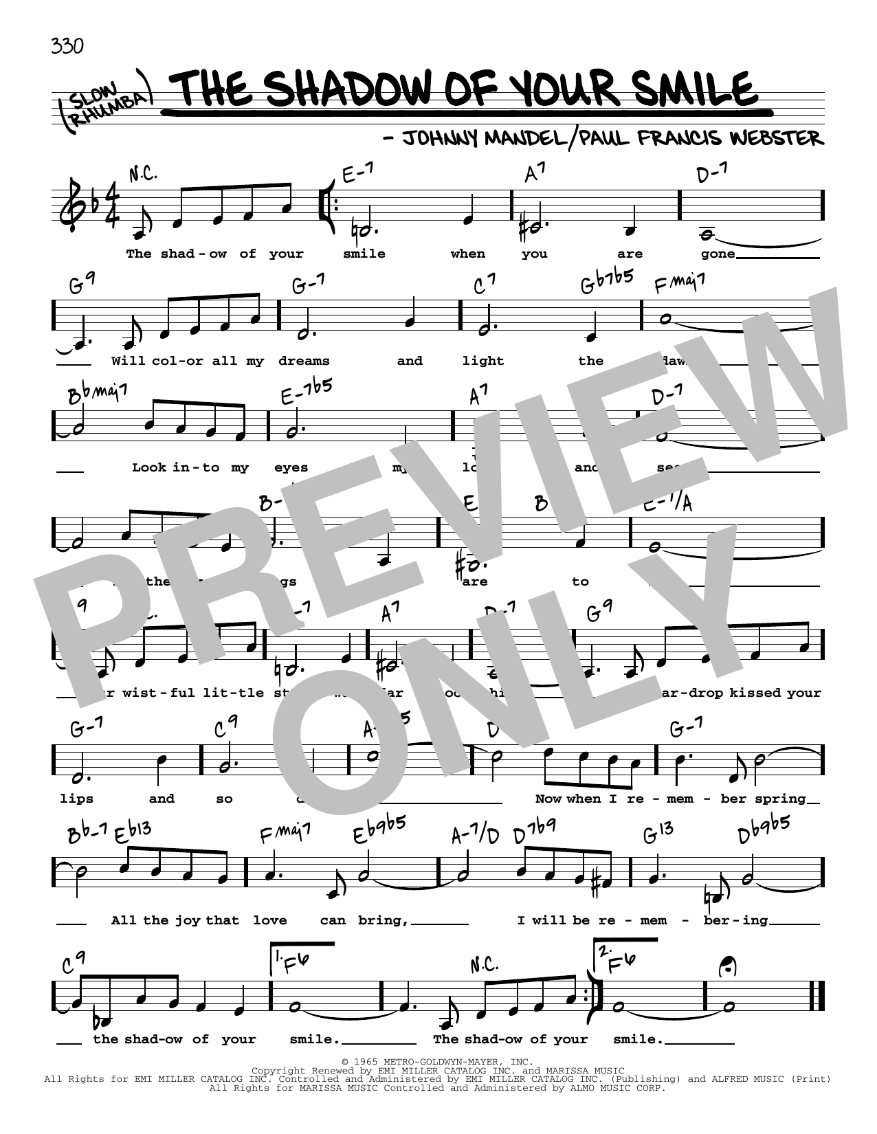 Download Johnny Mandel and Paul Francis Webster The Shadow Of Your Smile (Low Voice) Sheet Music and learn how to play Real Book – Melody, Lyrics & Chords PDF digital score in minutes