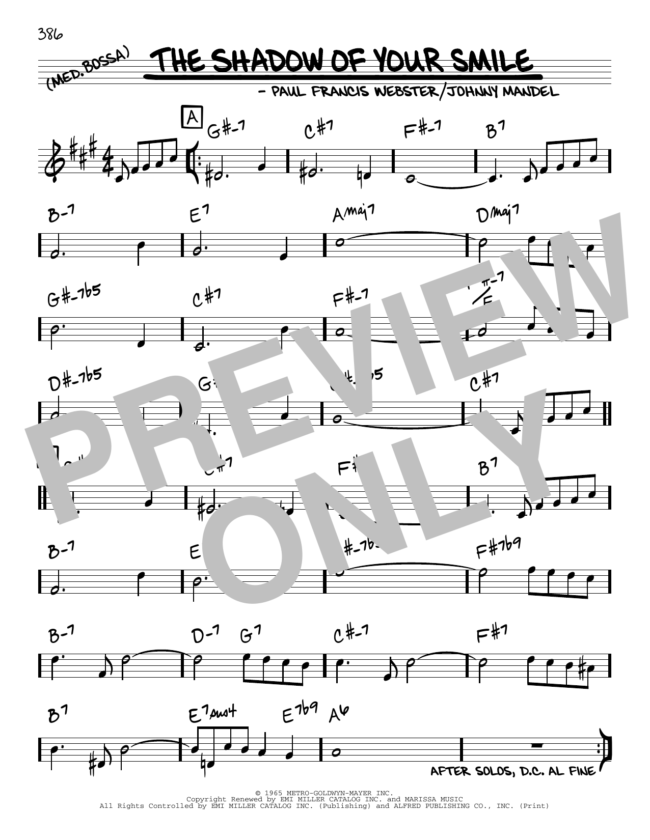 Download Johnny Mandel and Paul Francis Webster The Shadow Of Your Smile Sheet Music and learn how to play Real Book – Melody & Chords PDF digital score in minutes