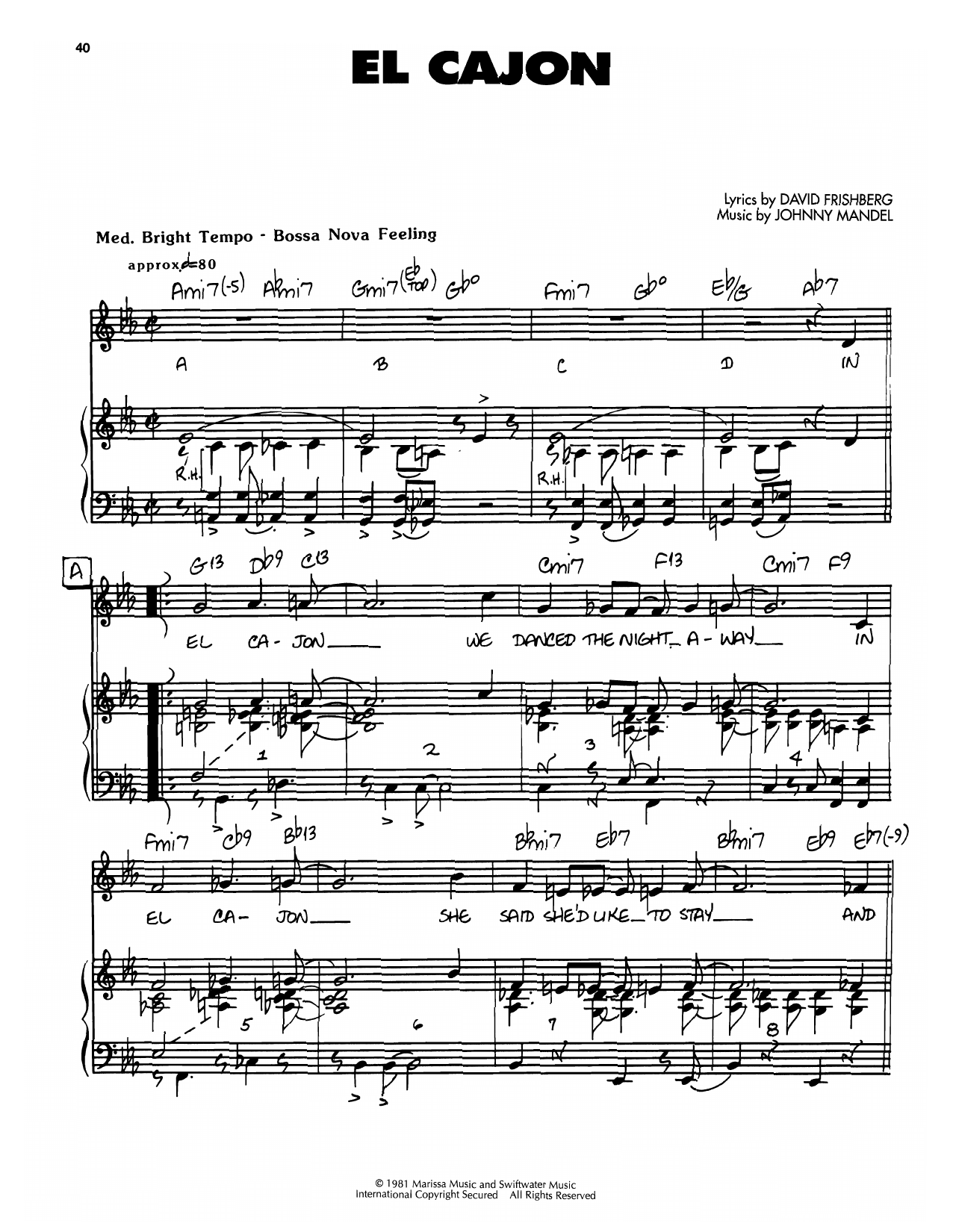 Download Johnny Mandel El Cajon Sheet Music and learn how to play Piano, Vocal & Guitar Chords (Right-Hand Melody) PDF digital score in minutes