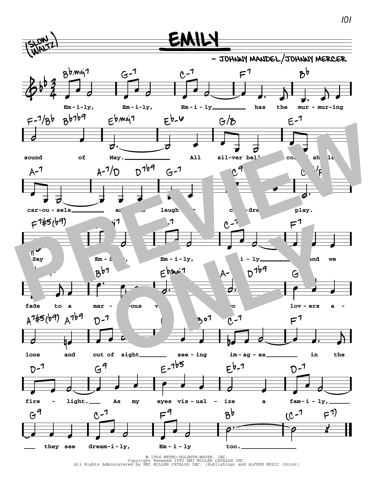 Download Johnny Mandel Emily (Low Voice) Sheet Music and learn how to play Real Book – Melody, Lyrics & Chords PDF digital score in minutes