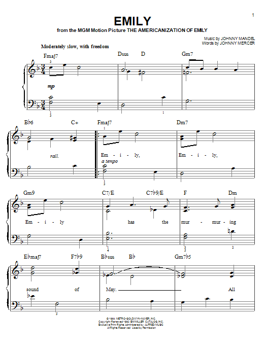 Download Johnny Mandel Emily Sheet Music and learn how to play Melody Line, Lyrics & Chords PDF digital score in minutes