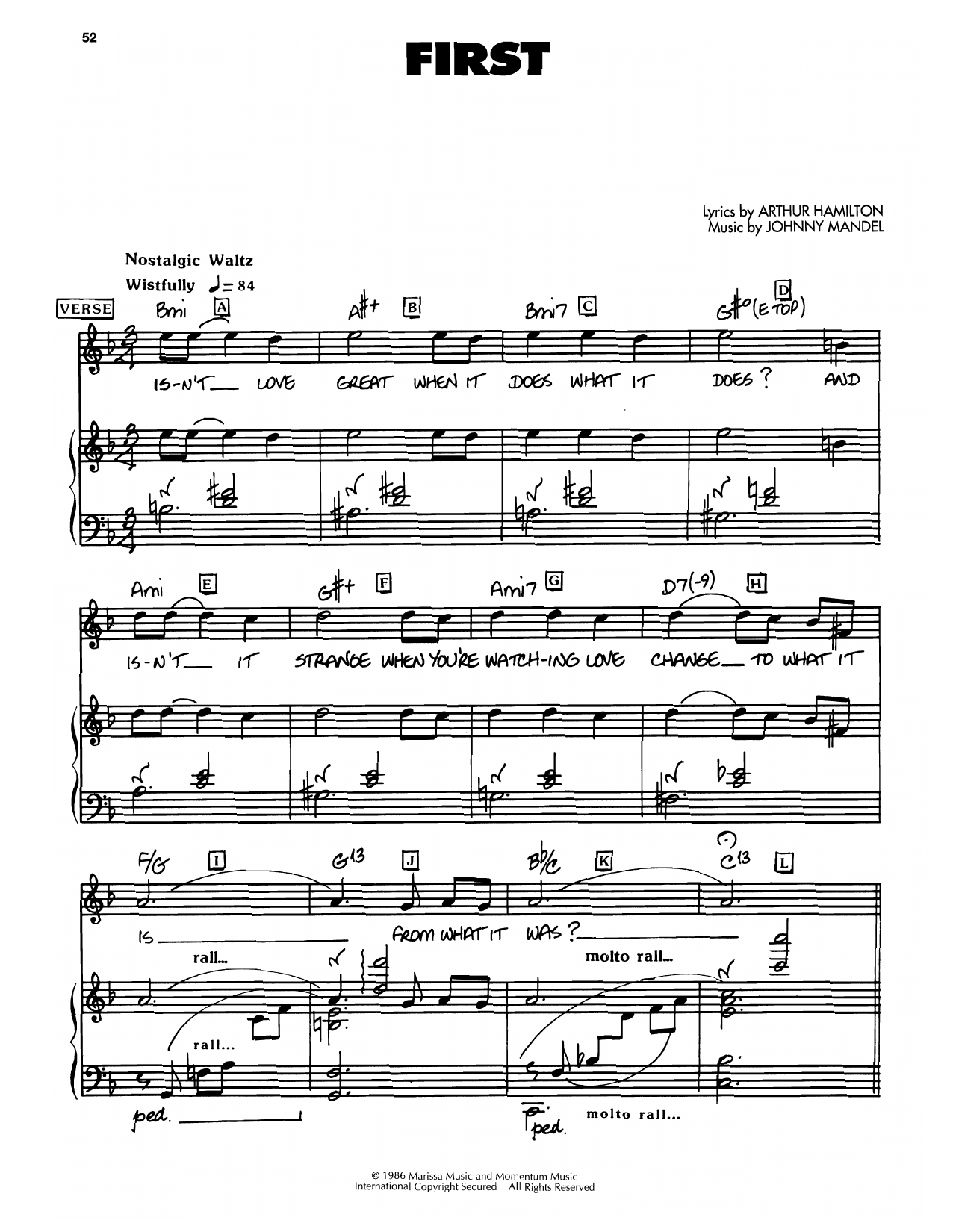 Download Johnny Mandel First Sheet Music and learn how to play Piano, Vocal & Guitar Chords (Right-Hand Melody) PDF digital score in minutes