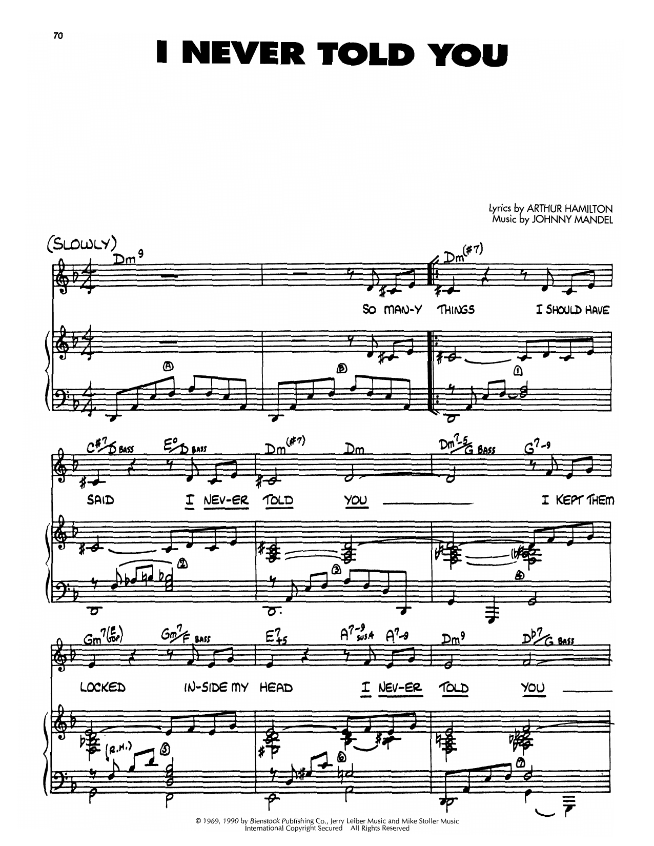 Download Johnny Mandel I Never Told You Sheet Music and learn how to play Piano, Vocal & Guitar Chords (Right-Hand Melody) PDF digital score in minutes