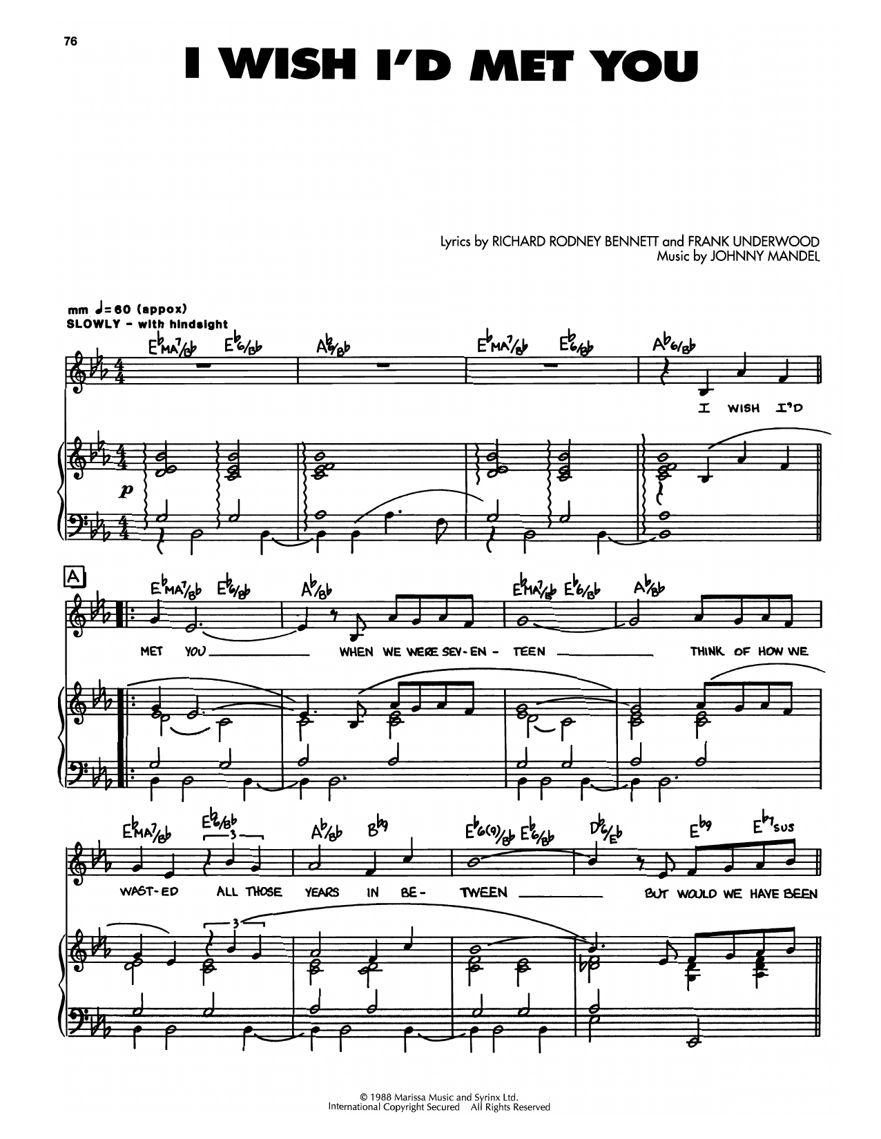 Download Johnny Mandel I Wish I'd Met You Sheet Music and learn how to play Piano, Vocal & Guitar Chords (Right-Hand Melody) PDF digital score in minutes