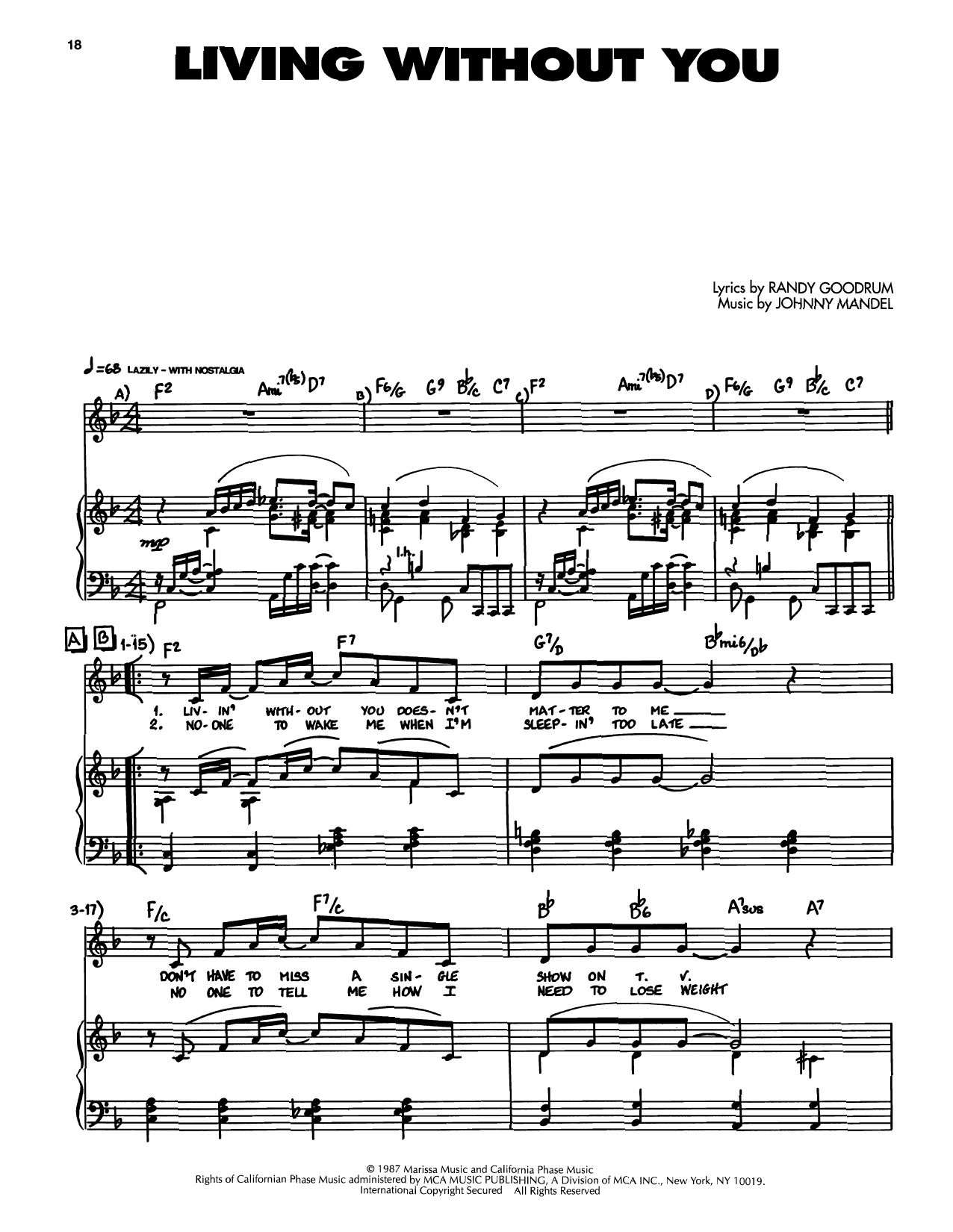 Download Johnny Mandel Living Without You Sheet Music and learn how to play Piano, Vocal & Guitar Chords (Right-Hand Melody) PDF digital score in minutes