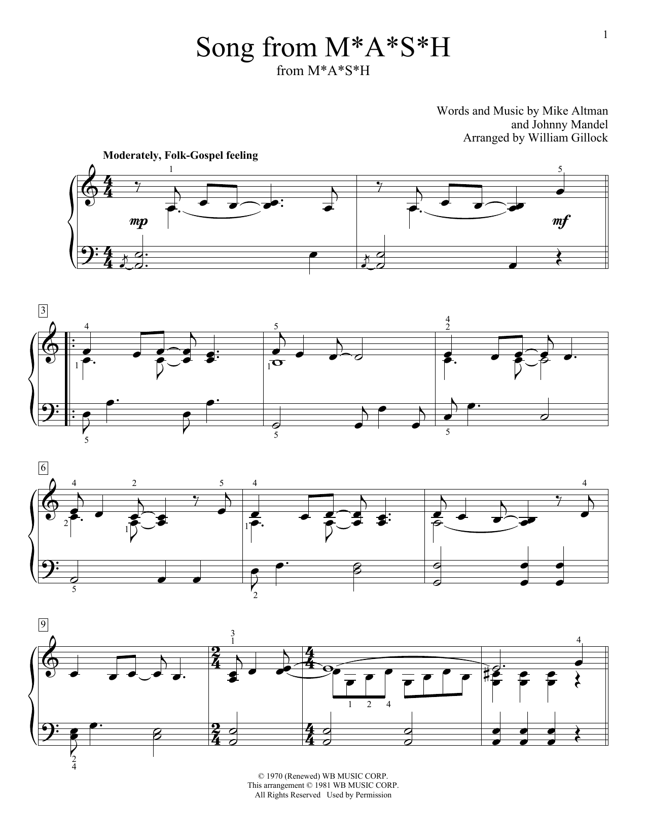 Download Johnny Mandel Song From M*A*S*H (Suicide Is Painless) (arr. William Gillock) Sheet Music and learn how to play Educational Piano PDF digital score in minutes